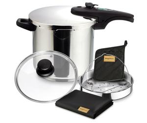 Magefesa Athenas - Pack Exclusivo Olla Express Rápida 7.5L + Cestillo + Tapa de Cristal + Paño + Tomaollas, Acero Inoxidable 18/10, Para Inducción, Fondo Termo-Difusor