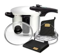 Magefesa Athenas - Pack Exclusivo Olla Express Rápida de 6L + Cestillo + Tapa de Cristal + Paño + Tomaollas, Acero Inoxidable 18/10, Para Inducción, Fondo Termo-Difusor