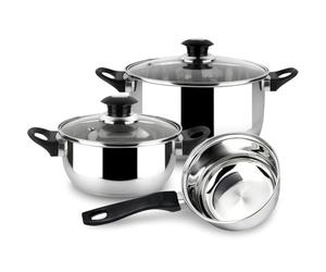 Magefesa Family - Juego de Cocina, Acero Inoxidable, 5 Piezas, Incluye 2 Cacerolas + Cazo + 2 Tapas de Vidrio, Todo tipo de Cocinas, Induccion