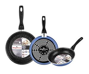 MAGEFESA K2 azul - Lote de 3 sartenes (20/24/28) cm exterior color azul. Antiadherente bicapa reforzado efecto piedra, apta para todo tipo de cocinas, especial inducción. 50% de ahorro energético.