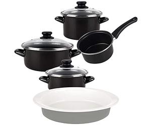 Magefesa K2 Gransasso Batería de cocina de acero vitrificado apta para inducción con fuente oval 36 cm en gres Masterpro Gravity, 7 piezas