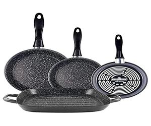 Magefesa K2 Gransasso Set juego 3 sartenes 18/20/24 cm y asador cuadrado 28 cm con 2 asas, acero esmaltado vitrificado, inducción y lavavajillas, gris