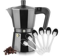 MAGEFESA Kenia Noir - Cafetera Italiana Negra 3 Tazas + 6 Cucharillas Moka, Aluminio Esmaltado, Para Todas las Cocinas, NO APTA PARA INDUCCIÓN