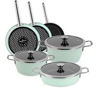 Magefesa Nordic Batería Cocina Inducción 9 Piezas, Antiadherente Libre PFOA Esmalte Exterior Verde Menta, Set Cazuelas Tapa Vidrio, Sartenes, Herrajes Inox Satinados, Retro Estilo Vintage