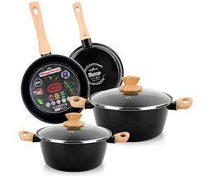 Magefesa Orbe Batería Cocina Inducción 6 Piezas, Antiadherente Libre PFOA Esmalte Exterior Negro, Set Cazuelas Tapa Vidrio, Sartenes, Herrajes Efecto Madera, Diseño Moderno