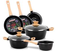 Magefesa Orbe Batería Cocina Inducción 8 Piezas, Antiadherente Libre PFOA Esmalte Exterior Negro, Set Cazuelas Tapa Vidrio, Sartenes, Herrajes Efecto Madera, Diseño Moderno
