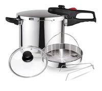 Magefesa Practika Plus - Pack Exclusivo Olla Express Rápida 6L + Cestillo + Tapa de Cristal, Acero Inoxidable 18/10, Sensor de Presión, Inducción