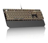 MageGee Teclado mecánico para juegos de máquina de escribir, teclas galvanizadas doradas redondas retro, teclados con cable retroiluminados con LED naranja para laptop, PC, jugador, con reposamuñecas