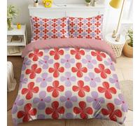 Magenta Geométrico Retro Juego de cama reversible transpirable extra suave juego de funda nórdica, forma de bloque de color trébol de cuatro hojas elegante lunares patrón niños adolescentes adultos