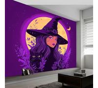 Magia Gatos Brujas La Luna Fotomurales no Tejido Púrpura, 300 x 210 cm Papel Pintado Decoración de Pared moderna, Murales póster efecto 3D, Decorativos Murales para Dormitorio Salón TV Pared