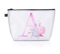 Magibeads Bolsa de maquillaje para mujer, color blanco con patrón de letras y flores, organizador de artículos de aseo de viaje, bonita bolsa de almacenamiento para brochas de maquillaje para hombres,