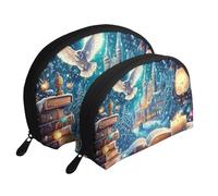 Magic Books and Owls - Bolsas de maquillaje con estampado de búhos, bolsa de aseo portátil de 2 piezas, White, Talla única