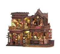 Magic Coffee - Esquina de librería de café, rompecabezas de madera 3D, luz LED, modelo de escena de sujetalibros, kit de manualidades, decoración de biblioteca de fantasía