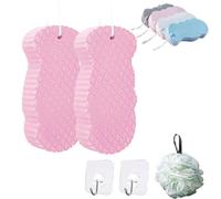 Magic Exfoliating Sponge,Magic Exfoliating Bath Sponge 3D,Magic Super Soft Exfoliating Bath Sponge,Remover Dead Skin, Double-Sided Ultra Soft Fiber Sponges with Bath Ball and Hook (2Pink)