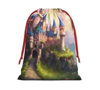 Magic Fairy Tale Castle Print Vibrante Cordón Bolsas de Regalo Colección, Bolsas de Regalo de Cumpleaños, Bolsas de Regalo Reutilizables, Bolsa de Regalo de Navidad