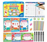 Magic Grooved Práctica de escritura para niños de 3 a 8 años, libros de trabajo reutilizables de escritura a mano con ranuras profundas - letras, números, matemáticas y dibujo, bolígrafos y