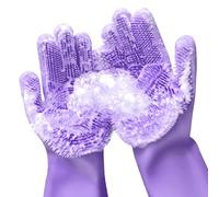Magic - Guantes para lavar platos, reutilizables, de silicona con esponja para cocina, limpieza de baño, cuidado del cabello de mascotas, lavado de coche, 1 par, 2 guantes, Púrpura