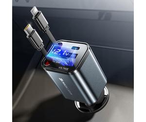 MAGIC JOHN 4-in-1 Cigarette Lighter USB C 65W Retractable Car Charger Car Accessories, Quick Charger with Type-C Cable/USB C/USB A Port, Compatible with iPhone, Samsung Galaxy