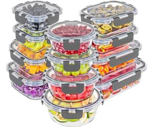 Magic Mill Juego de recipientes de vidrio de borosilicato de alta calidad con tapas, 24 piezas con 12 cuencos y 12 tapas herméticas para almuerzo y preparación de comidas, seguros para horno