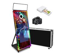 Magic Mirror - Cabina de fotos con pantalla táctil de 65 a 32 pulgadas con luz RGB, impresión de ideas y compartir para eventos y fiestas de alquiler (negro + luz cuadrada, máquin cámar mini