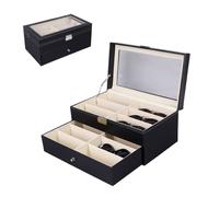 MAGIC SELECT Caja para Gafas con 12 compartimentos. Estuche de Gafas de Sol con Tapa de Cristal Transparente, Cierre con Llave, Cajón y Suave Forro Interior. Caja de Polipiel.