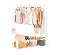 MAGIC SELECT Perchero Burro Independiente con Barra Superior, 2 Baldas de Almacenamiento Inferior y 7 Ganchos Laterales. Burro Ropa Resistente con 4 Ruedas. Perchero para Hogar (155x140cm)