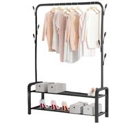 MAGIC SELECT Perchero Burro Independiente con Barra Superior, 2 Baldas de Almacenamiento Inferior y 7 Ganchos Laterales. Burro Ropa Resistente con 4 Ruedas. Perchero para Hogar (155x140cm)