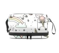 Magic Unicorn Rainbow and Ice Cream Neceser de doble capa para mujeres y niñas, neceser de viaje para maquillaje, práctico organizador con compartimento para brochas, multicolor, 27x15x14