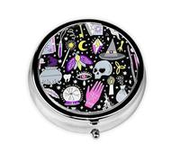 Magic Witch Witchcraft - Pastillero con impresión de dibujo bohemio, mini pastillero redondo, pastillero portátil, organizador de medicamentos de viaje