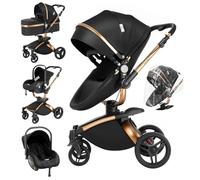Magic ZC 360° Rotación Cuero PU Carrito Bebe 3 en 1, Carro 3 Piezas con Asiento Convertible Giratorio 360°, Carricoche Bebe Plegado con Un Solo Clic, Cochecito Tres Piezas (906 Black)