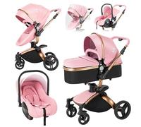 Magic ZC 360° Rotación Cuero PU Carrito Bebe 3 en 1, Carro 3 Piezas con Diseño Portátil Plegable de Un Clic, Cochecito Tres Piezas Carricoche Bebe con Empuje Reversible de Dos Vías (906 Pink)