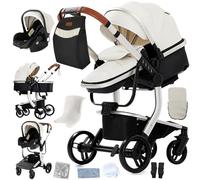 Magic ZC Cuero PU Carrito Bebe 3 en 1, Carrito Bebe con Diseño Portátil Plegable de Un Clic, Carro 3 Piezas con Empuje Reversible Dos Vías, Cochecito Tres Piezas con Accesorios (B518 White)