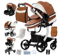 Magic ZC Cuero PU Carrito Bebe 3 en 1, Carrito Bebe con Diseño Portátil Plegable de Un Clic, Carro 3 Piezas con Empuje Reversible Dos Vías, Cochecito Tres Piezas con Accesorios (B518 Khaki)
