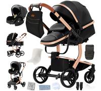 Magic ZC Cuero PU Carrito Bebe 3 en 1, Carrito Bebe con Diseño Portátil Plegable de Un Clic, Carro 3 Piezas con Empuje Reversible Dos Vías, Cochecito Tres Piezas con Accesorios (B518 Black)