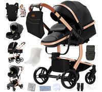 Magic ZC Cuero PU Carrito Bebe 3 en 1, Carrito Bebe con Diseño Portátil Plegable de Un Clic, Carro 3 Piezas con Empuje Reversible Dos Vías, Cochecito Tres Piezas con Accesorios (L518 Black)