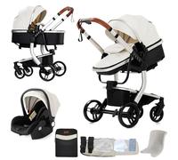 Magic ZC Cuero PU Carrito Bebe 3 en 1, Carro 3 Piezas Plegado Conveniente con Un Solo Clic, Coche Bebe con Modo de Doble Empuje Reversible, Cochecito Tres Piezas Paisaje Alto (B518 White)