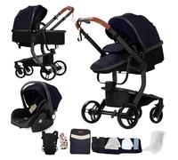 Magic ZC Cuero PU Carrito Bebe 3 en 1, Carro 3 Piezas Plegado Conveniente con Un Solo Clic, Coche Bebe con Modo de Doble Empuje Reversible, Cochecito Tres Piezas Paisaje Alto (L518 Black Blue)