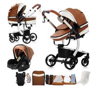 Magic ZC Cuero PU Carrito Bebe 3 en 1, Carro 3 Piezas Plegado Conveniente con Un Solo Clic, Coche Bebe con Modo de Doble Empuje Reversible, Cochecito Tres Piezas Paisaje Alto (L518 Khaki)