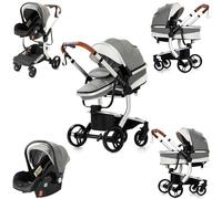 Magic ZC Cuero PU Carrito Bebe 3 en 1, Carro 3 Piezas Plegado Conveniente con Un Solo Clic, Coche Bebe con Modo de Doble Empuje Reversible, Cochecito Tres Piezas Paisaje Alto (518 Grey)