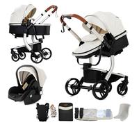 Magic ZC Cuero PU Carrito Bebe 3 en 1, Carro 3 Piezas Plegado Conveniente con Un Solo Clic, Coche Bebe con Modo de Doble Empuje Reversible, Cochecito Tres Piezas Paisaje Alto (L518 White)