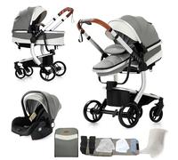 Magic ZC Cuero PU Carrito Bebe 3 en 1, Carro 3 Piezas Plegado Conveniente con Un Solo Clic, Coche Bebe con Modo de Doble Empuje Reversible, Cochecito Tres Piezas Paisaje Alto (B518 Grey)
