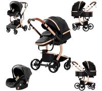 Magic ZC Cuero PU Carrito Bebe 3 en 1, Carro 3 Piezas Plegado Conveniente con Un Solo Clic, Coche Bebe con Modo de Doble Empuje Reversible, Cochecito Tres Piezas Paisaje Alto (518 Black)