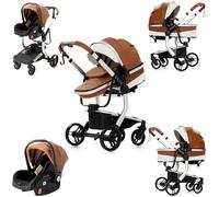 Magic ZC Cuero PU Carrito Bebe 3 en 1, Carro 3 Piezas Plegado Conveniente con Un Solo Clic, Coche Bebe con Modo de Doble Empuje Reversible, Cochecito Tres Piezas Paisaje Alto (518 Khaki)