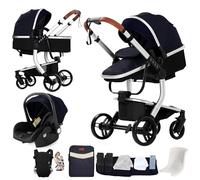Magic ZC Cuero PU Carrito Bebe 3 en 1, Carro 3 Piezas Plegado Conveniente con Un Solo Clic, Coche Bebe con Modo de Doble Empuje Reversible, Cochecito Tres Piezas Paisaje Alto (L518 Silver Blue)