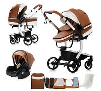 Magic ZC Cuero PU Carrito Bebe 3 en 1, Carro 3 Piezas Plegado Conveniente con Un Solo Clic, Coche Bebe con Modo de Doble Empuje Reversible, Cochecito Tres Piezas Paisaje Alto (B518 Khaki)