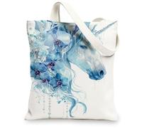 Magical Horse - Bolsas de lona reutilizables con diseño floral azul, correa de hombro ligera y lavable B, Azul, 13x15 Inch