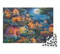 Magical Night Village 1000 Piezas Rompecabezas para Adultos Pueblo de Hadas Caprichoso bajo Cielo Lunar Premium Resistente Vibrante Desafiante Difícil Alivio Estrés Regalo Familiar 52x38cm/1000pcs
