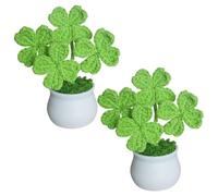 Magicherry Trébol de cuatro hojas hecho a mano en maceta, 2 piezas de trébol de la suerte, planta artificial para el día de San Patricio, decoración de tablero de coche, decoración de escritorio de