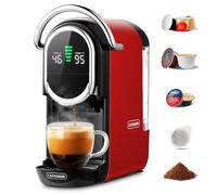 Magician1 Mini 5en1 Cafetera Cápsulas para Nespresso Original, Dolce Gusto, Lavazza A Modo Mio, ESE 44 y Café Molido, 20 Bares, 1450W, Pantalla LED, Máquina de Café Expreso Caliente o Frío (Rojo)