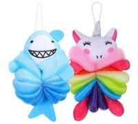 MAGICLULU Esponjas Vegetales para Ducha Infantil 2 Unidades Diseño Tiburón Azul y Unicornio Rosa, Esponja Exfoliante Corporal Suave para Baño y Limpieza de Piel, Adecuado Bebés